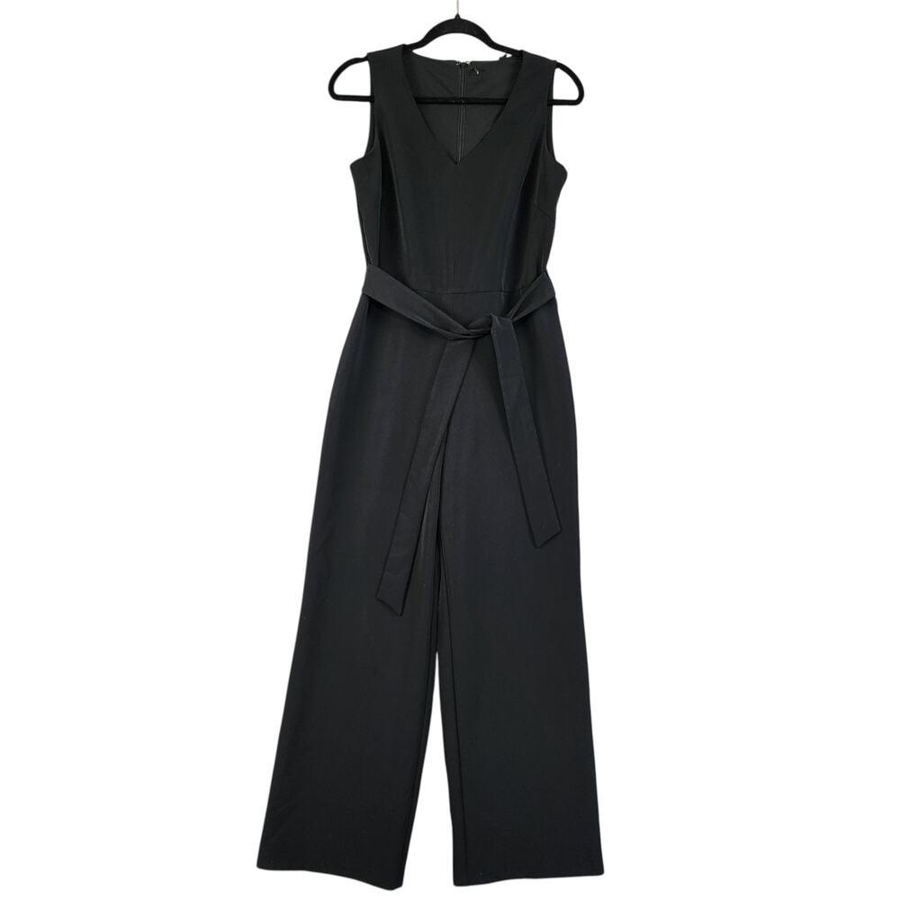 T Tahari Womens Sleeveless Jumpsuit Size 6 Black Tie Waist Wide Leg V Neck